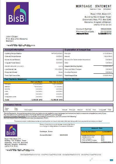 Download Bahrain BISB bank mortgage statement scr Photoshop template